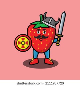 Cute cartoon character Strawberry viking pirate with hat and holding sword and shield in cute modern style design for t-shirt, sticker, logo element, poster