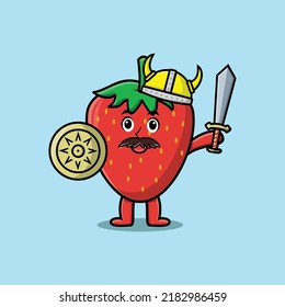 Cute cartoon character Strawberry viking pirate with hat and holding sword and shield