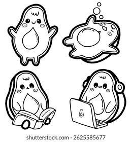 Cute Cartoon Character Style of Avocado Hand Drawn Outline set that you can use as an illustration, kids colouring book, create outline background or etc.