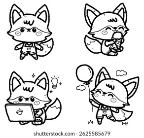 Cute Cartoon Character Style of Fox Hand Drawn Outline set that you can use as an illustration, kids colouring book, create outline background or etc.