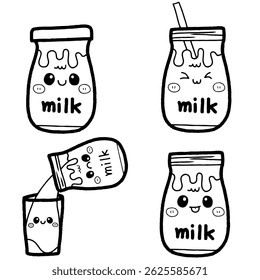 Cute Cartoon Character Style of Milk Bottle Hand Drawn Outline set that you can use as an illustration, kids colouring book, create outline background, promote drinks or etc.