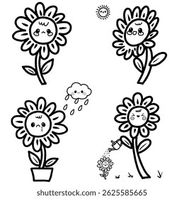 Cute Cartoon Character Style of Sunflower Hand Drawn Outline set that you can use as an illustration, kids colouring book, create outline background or etc.