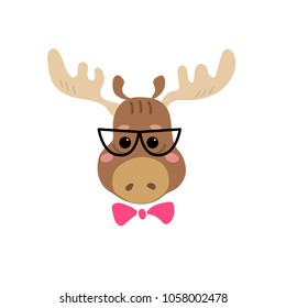 Cute cartoon character. Stylish moose in glasses. Cool picture is great for children's products: clothes, textiles, postcards, stationery products and other things. Vector illustration.