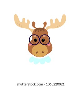 Cute cartoon character. Stylish moose in glasses. Cool picture is great for children's products: clothes, textiles, postcards, stationery products and other things. Vector illustration.