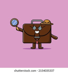 Cute cartoon character Suitcase detective is searching with magnifying glass and cute style design 