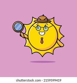 Cute cartoon character Sun detective is searching with magnifying glass and cute style design