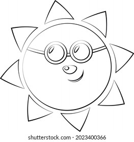 Cute cartoon character Sun in sunglasses. Draw illustration in black and white