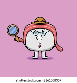 Cute cartoon character Sushi detective is searching with magnifying glass and cute style design
