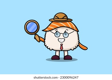 Cute cartoon character Sushi detective is searching with magnifying glass