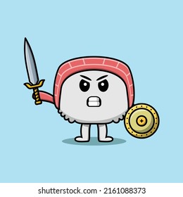 Cute cartoon character Sushi holding sword and shield in modern style design