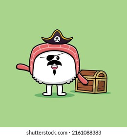 Cute cartoon character Sushi pirate with treasure box in modern style design
