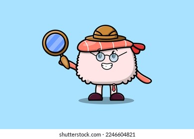 Cute cartoon character Sushi shrimp detective is searching with magnifying glass