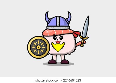 Cute cartoon character Sushi shrimp viking pirate with hat and holding sword and shield illustration