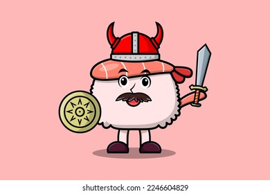 Cute cartoon character Sushi shrimp viking pirate with hat and holding sword and shield illustration