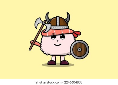 Cute cartoon character Sushi shrimp viking pirate with hat and holding ax and shield