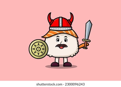 Cute cartoon character Sushi viking pirate with hat and holding sword and shield illustration