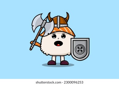 Cute cartoon character Sushi viking pirate with hat and holding ax and shield