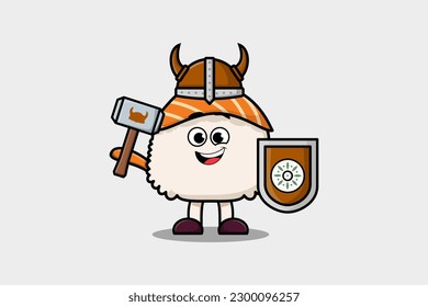 Cute cartoon character Sushi viking pirate with hat and holding hammer and shield