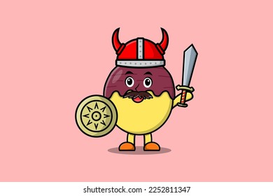 Cute cartoon character Sweet potato viking pirate with hat and holding sword and shield illustration