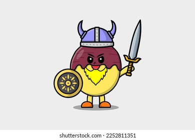 Cute cartoon character Sweet potato viking pirate with hat and holding sword and shield illustration