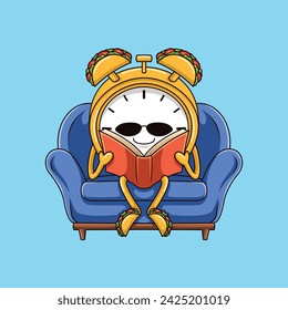 The cute cartoon character of a taco clock is reading. It's perfect for print products like t-shirts, stickers, etc. Also, it's very suitable for a mascot logo