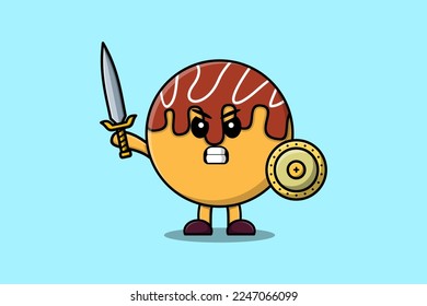 Cute cartoon character Takoyaki holding sword and shield in modern style design