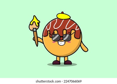 Cute cartoon character Takoyaki painter portraitist with hat and a brush to draw cute style design