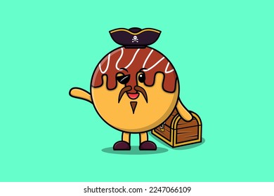 Cute cartoon character Takoyaki pirate with treasure box illustration in modern style design