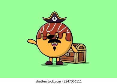 Cute cartoon character Takoyaki pirate with treasure box illustration in modern style design