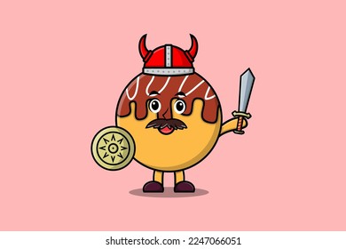 Cute cartoon character Takoyaki viking pirate with hat and holding sword and shield illustration