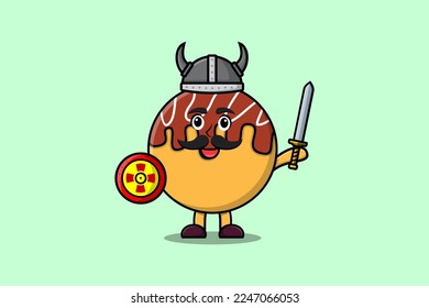 Cute cartoon character Takoyaki viking pirate with hat and holding sword and shield illustration