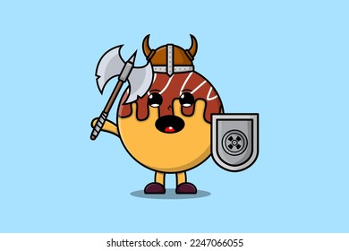 Cute cartoon character Takoyaki viking pirate with hat and holding ax and shield