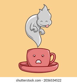 Cute cartoon character of tea or coffee cup and also cute ghost. Perfect for mascot designs, your cafe logo, or for your clothes and stickers