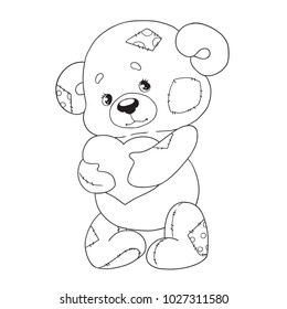 Cute cartoon character teddy. Bear with heart. Coloring book. Vector isolated on white background.