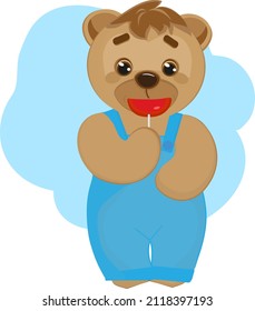 Cute cartoon character Teddy Bear with lollipop in his mouth