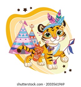 Cute cartoon character tiger cub with bow, arrows and teepee. Vector illustration isolated on a white background. For print, design, advertising, stationery, t-shirt and textiles,decor, sublimation