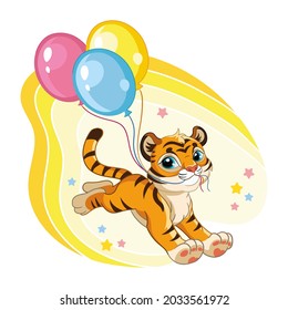 Cute cartoon character tiger cub runs with balloons. Vector illustration isolated on a white background. For print, design, advertising, stationery, T-shirt design and textiles, decor, sublimation.