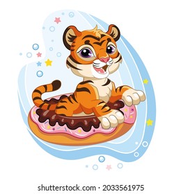 Cute cartoon character tiger cub in an inflatable circle in form of donut. Vector illustration isolated on white. For print, design, advertising, stationery, t-shirt and textiles, decor, sublimation.