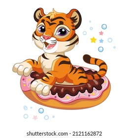 Cute cartoon character tiger cub in an inflatable circle in form of donut. Vector illustration isolated on white. For print, design, advertising, stationery, t-shirt and textiles, decor, sublimation.