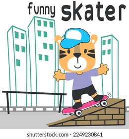 Cute cartoon character tiger skater. Vector print with cute lion on a skateboard. Can be used for t-shirt print, kids wear fashion design, fabric textile, nursery wallpaper and other decoration.