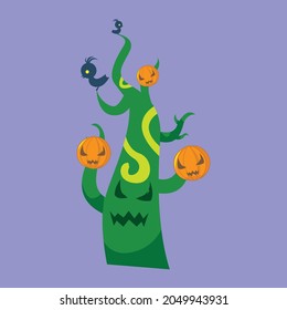 cute cartoon character tree, bird and pumpkin vector illustration
