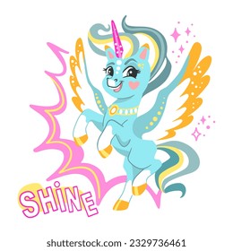 Cute cartoon character turquoise brave unicorn with wings. Digital vector illustration isolated on white background. Happy magic unicorn. For print, design, poster, sticker, card, decoration, t shirt