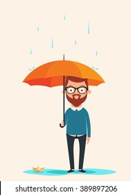 Cute Cartoon Character with Umbrella Standing Under the Rain. Vector Illustration