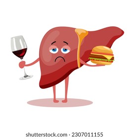 Cute cartoon character of unhealthy human liver with alcohol. Human anatomy, medical concept. Illustration, icon, vector
