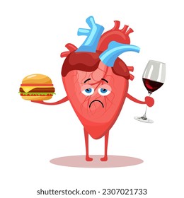 Cute cartoon character of unhealthy human heart with burger and alcohol. Human anatomy, medical concept. Illustration, icon, vector