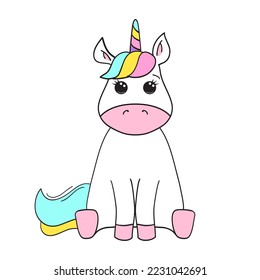 Cute Cartoon Charakter unicorn. Element für die Gestaltung von Plakaten, Aufklebern, Grußkarten, Einladungen, Kinderbannern. Druck für Kleidung. Vektorgrafik
