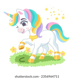 Cute Cartoon-Charakter unicorn mit einem Hufprint auf einem Gras. Vektorgrafik einzeln auf weißem Hintergrund. Fröhliche Zauberkunst. Für Druck, Design, Plakat, Aufkleber, Karte, Hemd, Kinderbekleidung