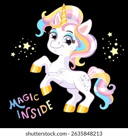 Cute cartoon character unicorn and lettering magic inside in pastel colors. Vector illustration isolated on a black background. For print, t shirt design, kids clothes, sticker, poster,  decoration