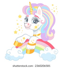 Un personaje de caricatura lindo unicornio en un arcoiris. Ilustración vectorial aislada en fondo blanco. Feliz unicornio mágico. Para impresión, diseño, afiche, pegatina, tarjeta, decoración, camiseta, ropa infantil