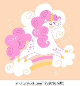 Cute cartoon character unicorn with pink mane running in the rainbow. Vector isolated illustration on a pink background. For print, design, poster, sticker, card, decoration and t shirt design